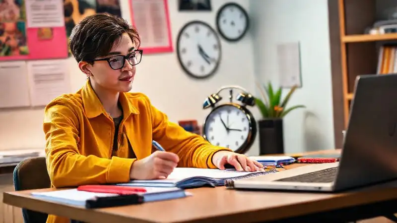 Estudiante organizado, motivado y productivo en estudio