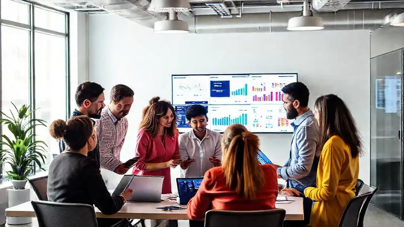 Equipo diverso colabora usando tecnología moderna