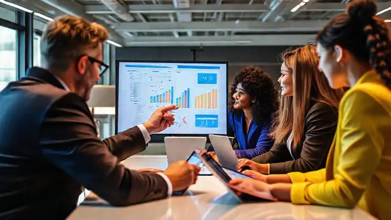 Gerente revisa gráficos con equipo en oficina