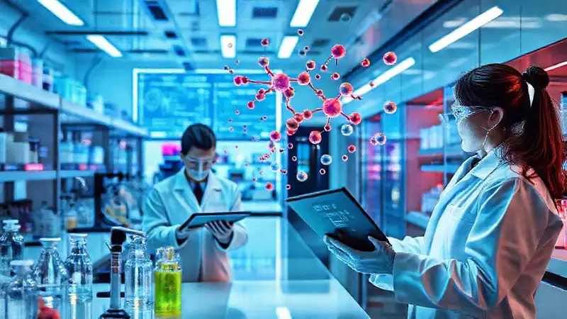 Laboratorio futurista con ingenieros y tecnología avanzada