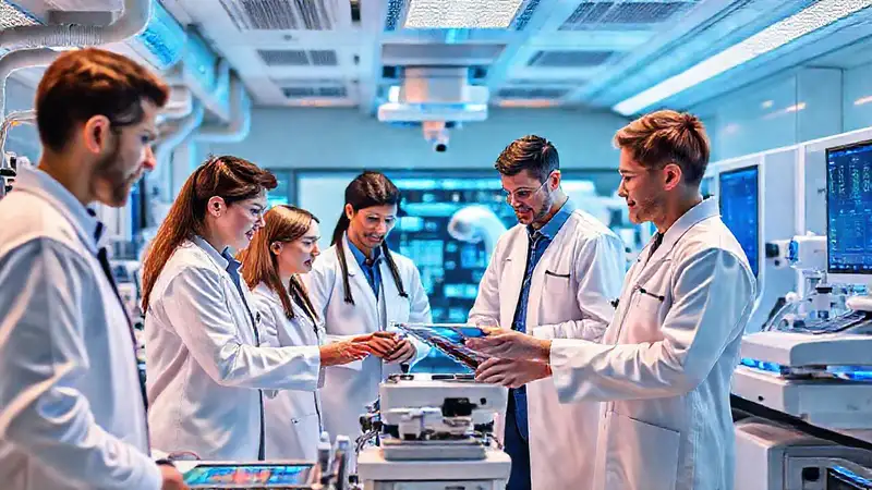 Laboratorio futurista con profesionales y tecnología avanzada