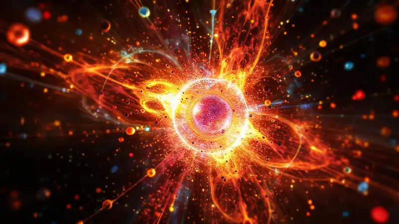 Ilustración vibrante de quarks en núcleo atómico