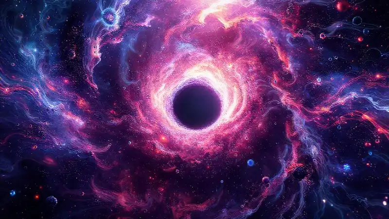 Escena futurista cósmica con agujero negro brillante