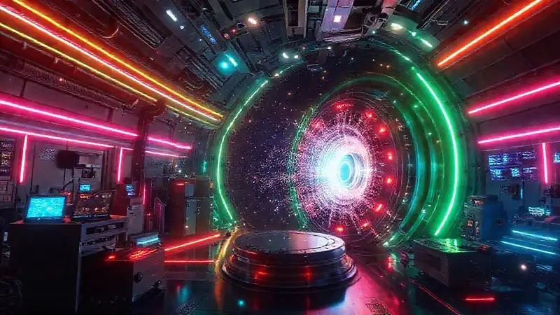 Colisionador futurista con partículas luminiscentes y tecnología avanzada