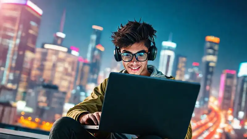 Practicante de informática en un entorno futurista