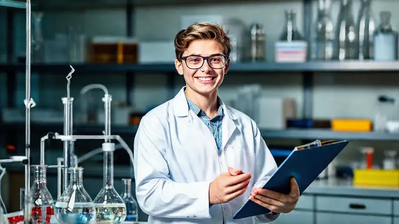 Joven estudiante de química en laboratorio brillante