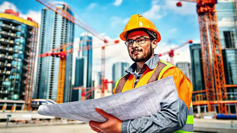 Estudiante de ingeniería civil en obra moderna