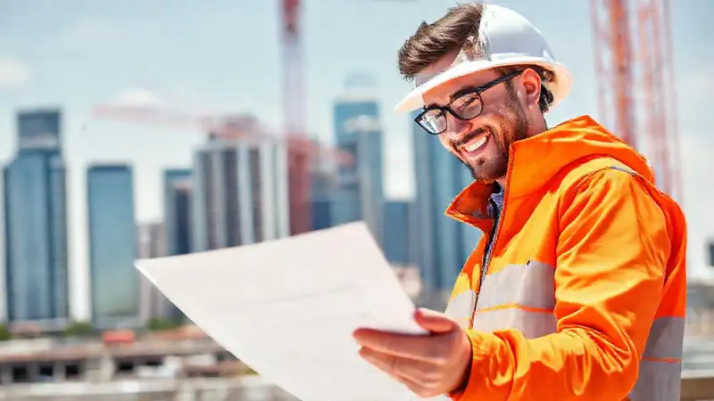 Estudiante de ingeniería civil revisa planos en obra