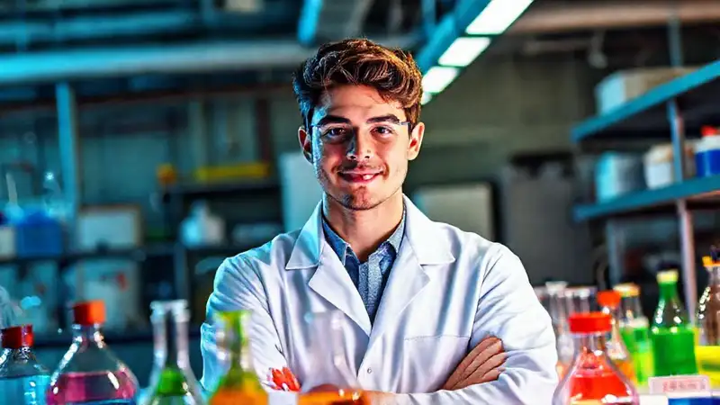 Joven profesional en laboratorio con equipo colorido