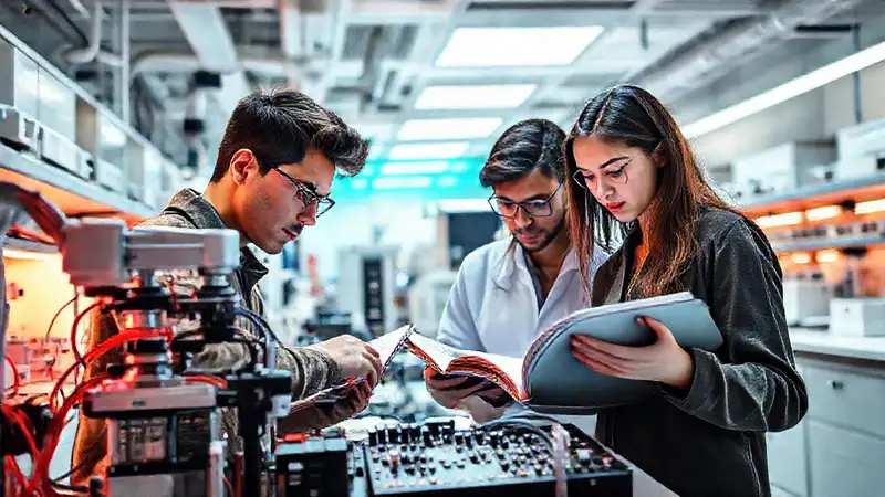 Estudiantes en laboratorio con equipo biomédico