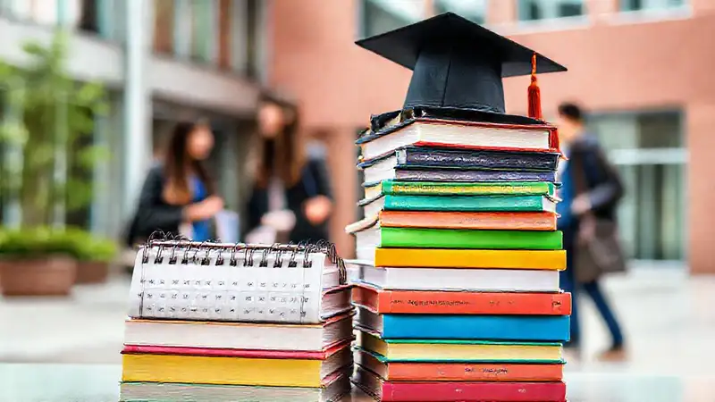 Planificador académico, libros coloridos y capucho