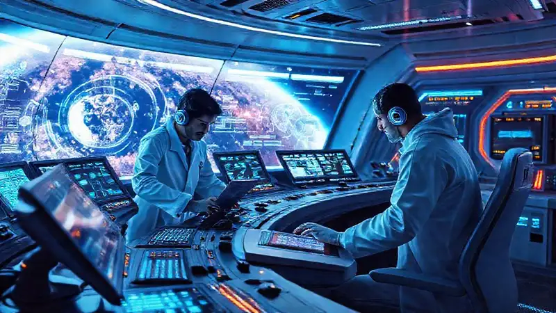 Sala de control futurista para científicos innovadores