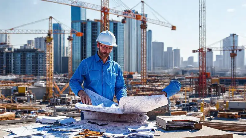 Sitio de construcción con ingeniería y maquinaria moderna