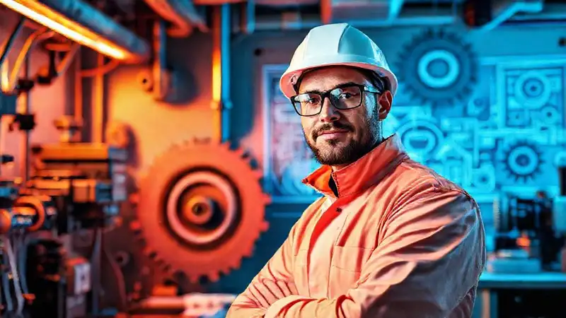 Ingeniero en laboratorio futurista con engranajes