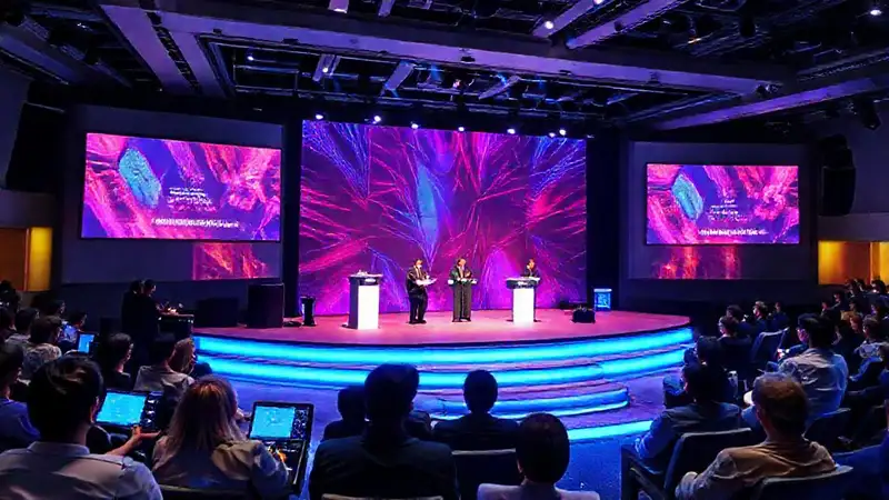 Conferencia moderna con oradores y tecnología innovadora
