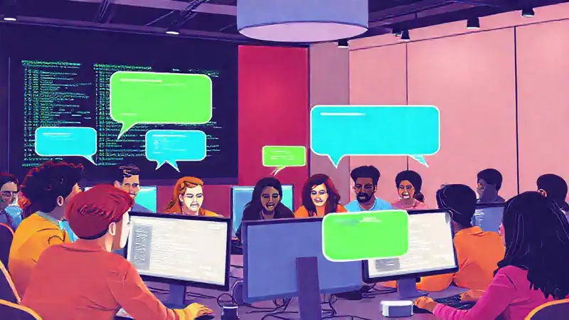 Grupo diverso colaborando en línea y codificación