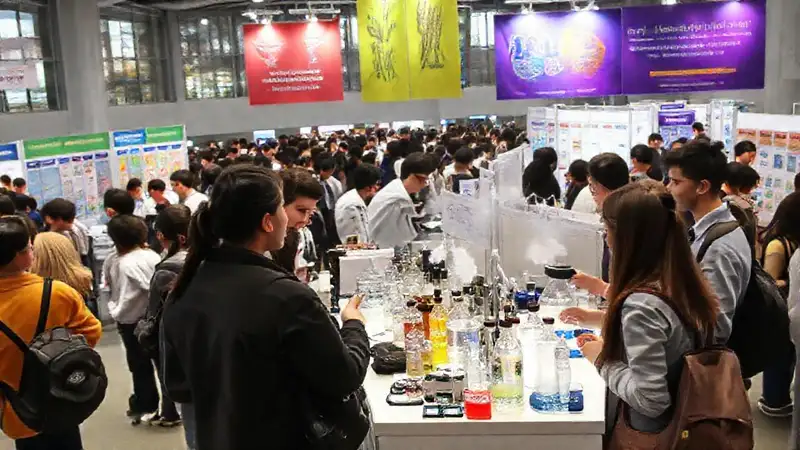 Stands de ciencia con experimentos y colores