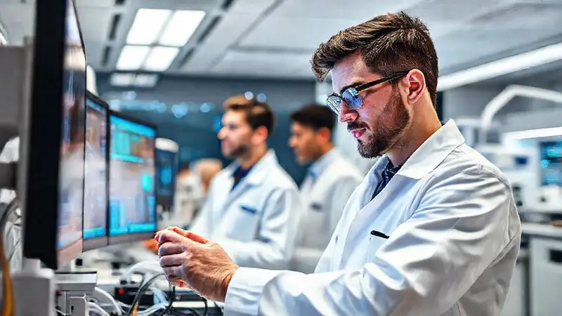 Joven ingeniero innovando en laboratorio futurista