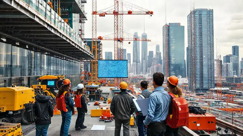 Sitio urbano moderno con estudiantes y tecnología avanzada