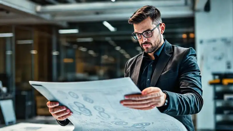 Ingeniero revisa planos en oficina moderna