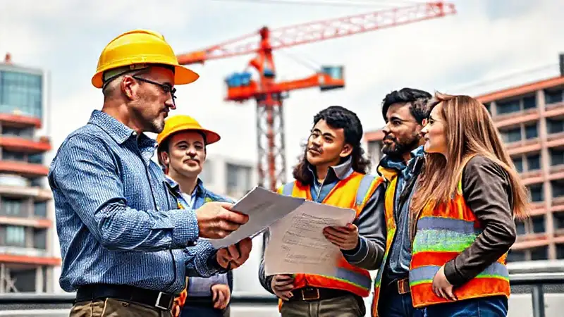 Ingeniero civil negocia en obra con equipo