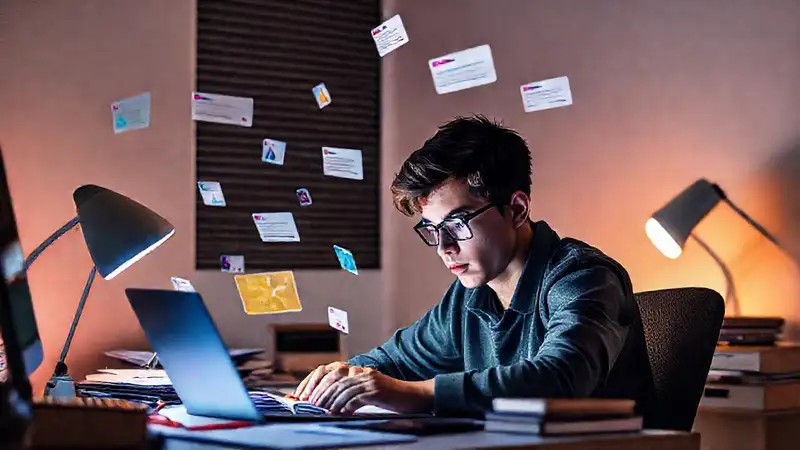 Estudiante concentrado con notificaciones digitales y caos