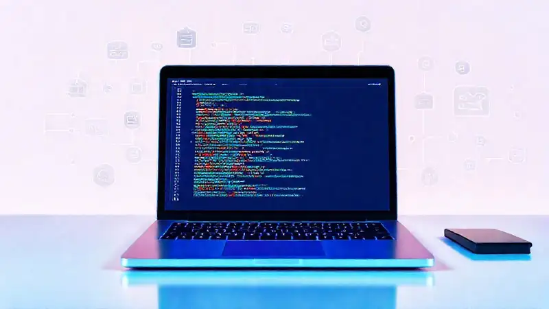 Laptop moderna con código y circuitos digitales