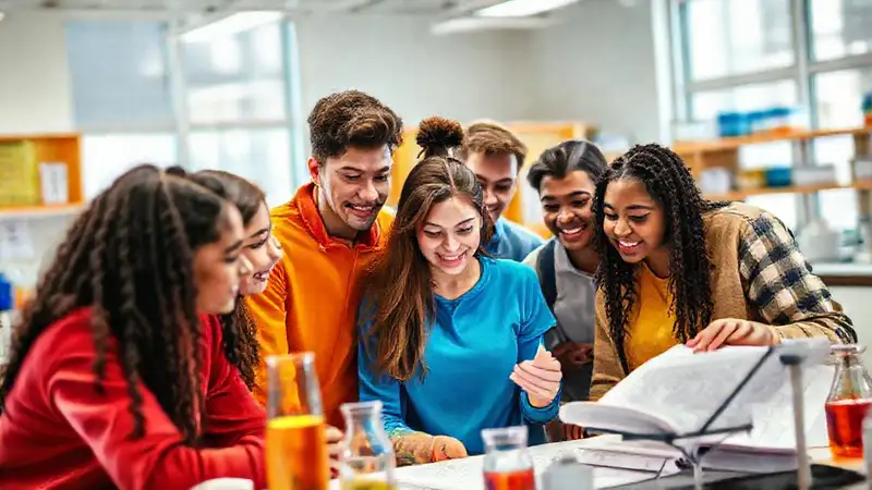 Estudiantes diversos colaborando en química en aula