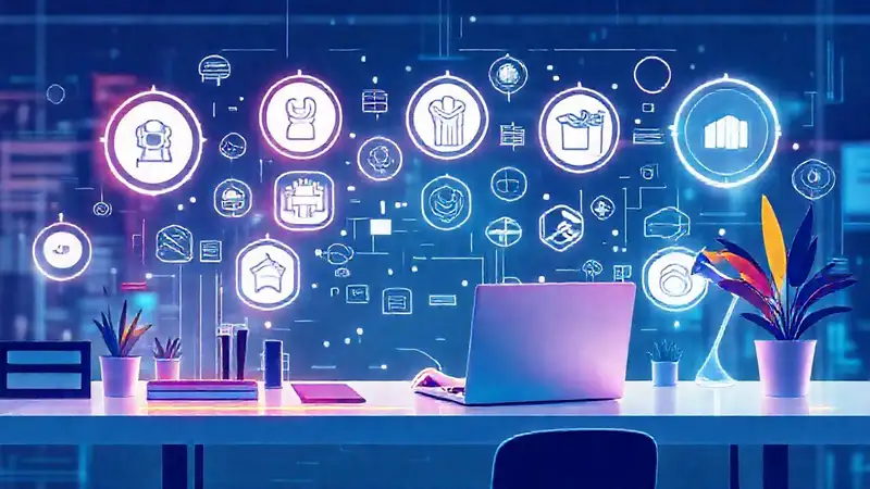Iconos de habilidades digitales en entorno futurista