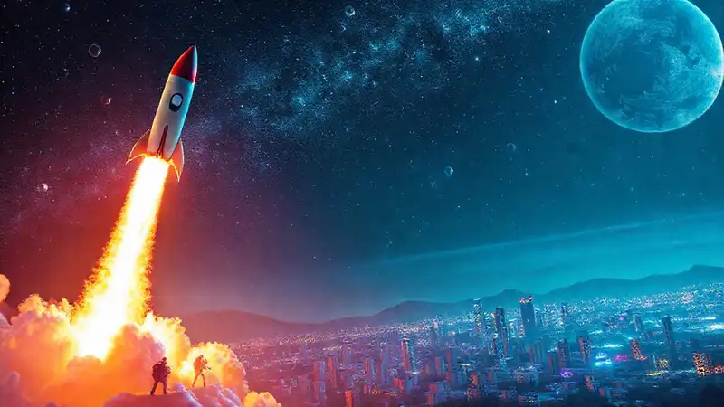 Lanzamiento espacial en ciudad futurista brillante
