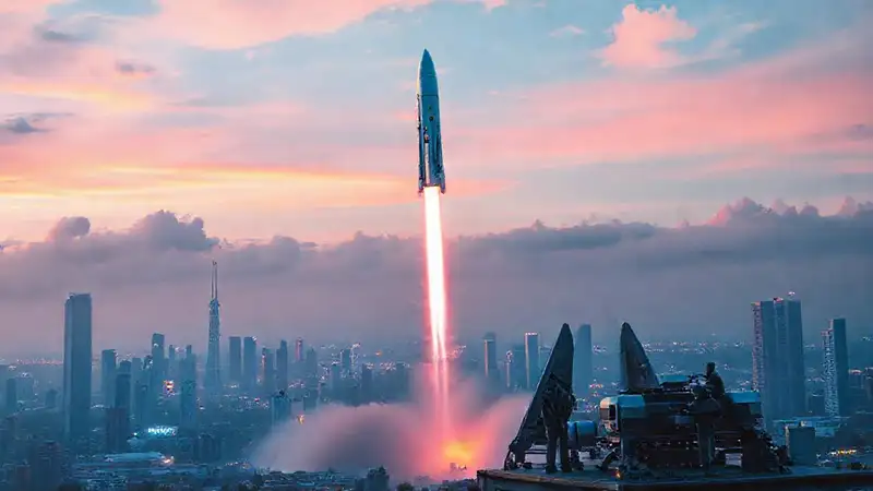 Nave futurista y ciudad vibrante en ascenso