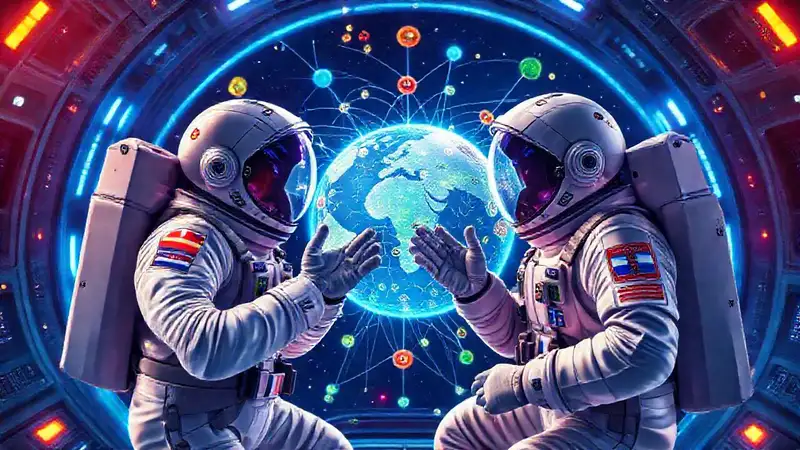 Astronautas internacionales colaborando en espacio futurista