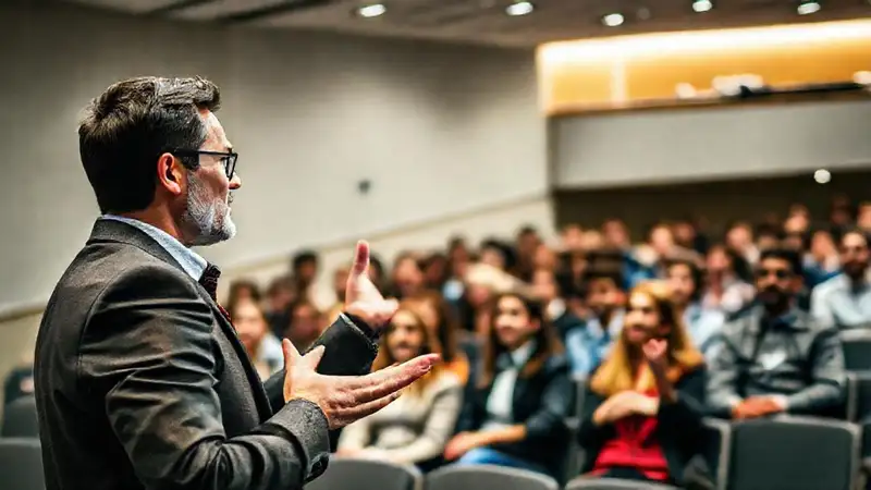 Orador confiado inspira audiencia diversa y atenta
