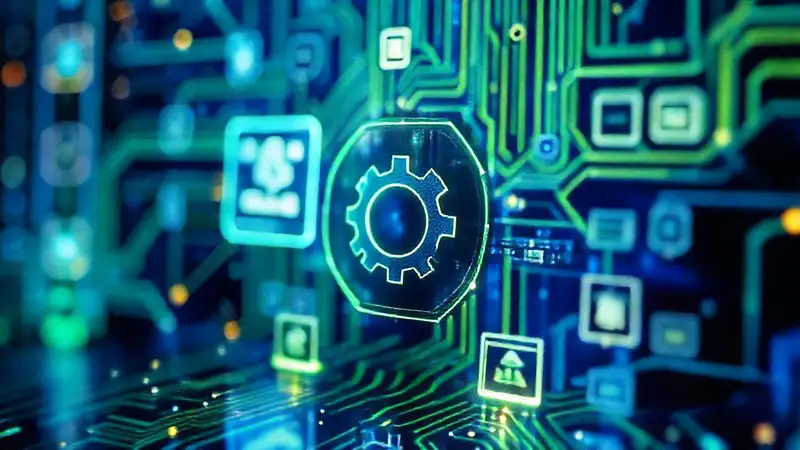 Interfaz futurista con iconos brillantes y gear