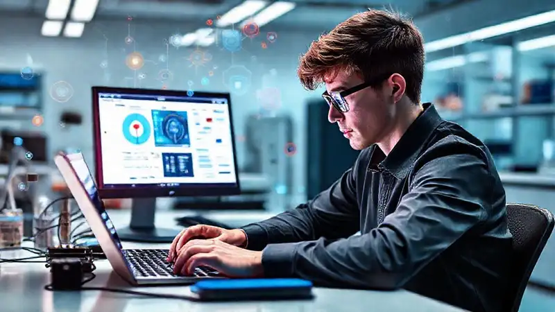 Estudiante en laboratorio con tecnología médica futurista