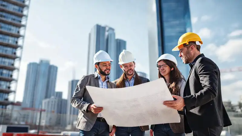 Ingenieros civiles colaborando en proyecto de construcción