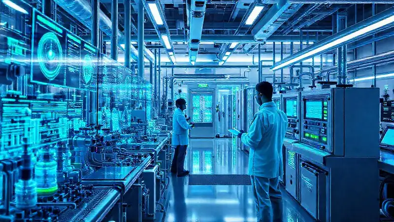 Planta química futurista con interfaces holográficas avanzadas