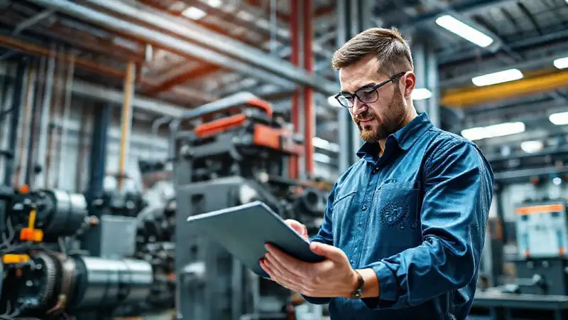 Ingeniero mecánico con planos en taller futurista