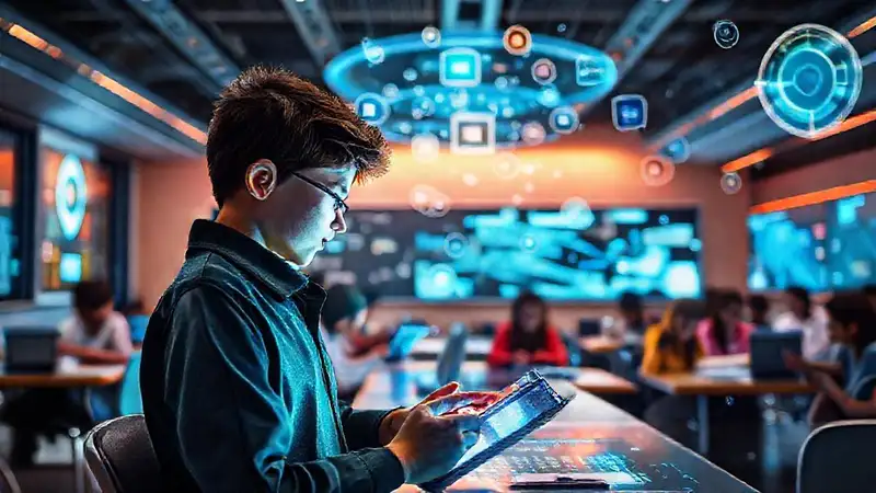 Estudiantes en aula futurista con tecnología avanzada