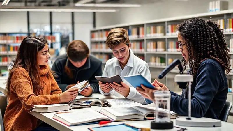Estudiantes estudiando con tecnología en aula moderna