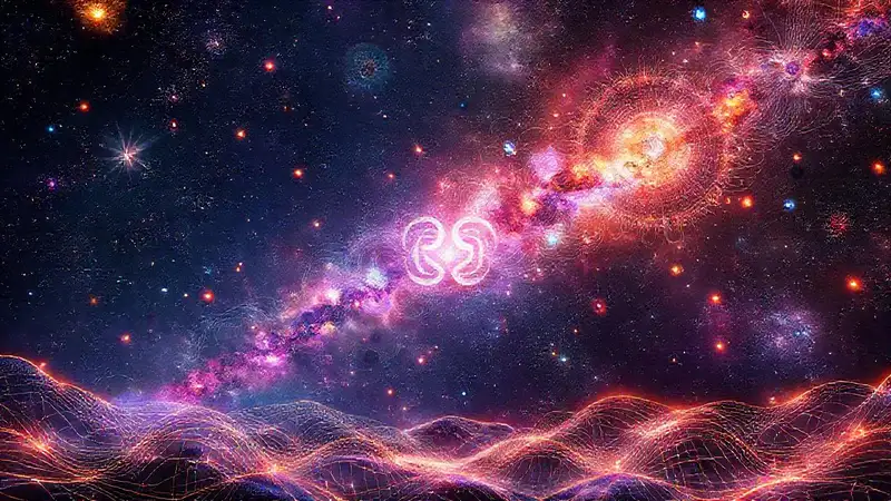 Paisaje cósmico futurista con galaxias y símbolos