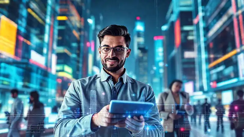 Joven profesional en ciudad futurista y colaborativa