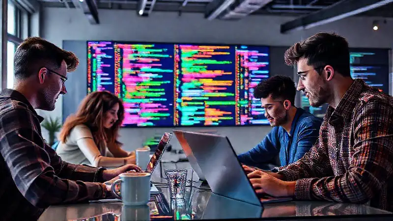 Programadores colaborando en un entorno colorido y dinámico