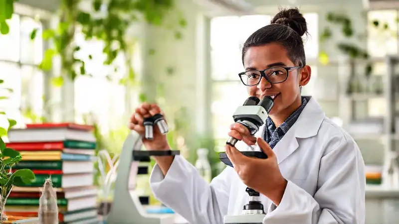 Estudiante en laboratorio con microscopio y DNA