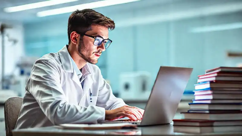 Estudiante de ingeniería biomédica en laboratorio moderno