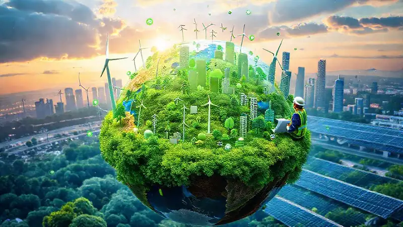 Mundo sostenible con tecnología y naturaleza integrada