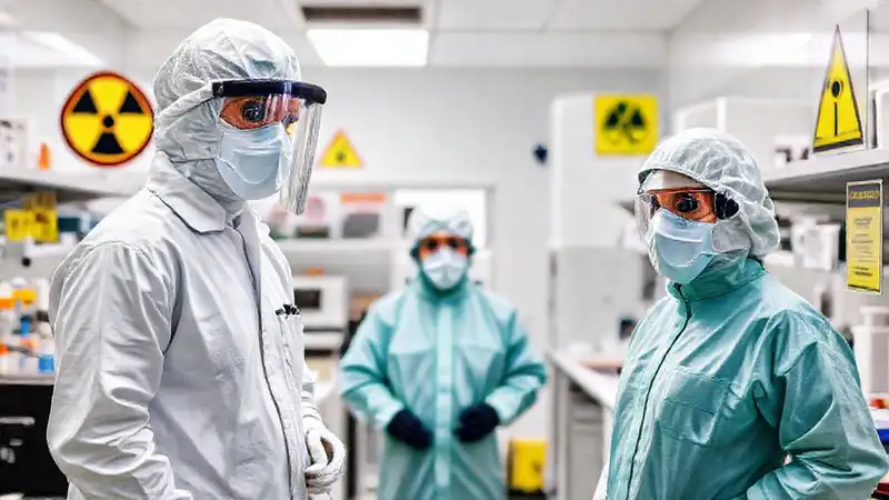 Equipo de protección en laboratorio siguiendo protocolos seguros