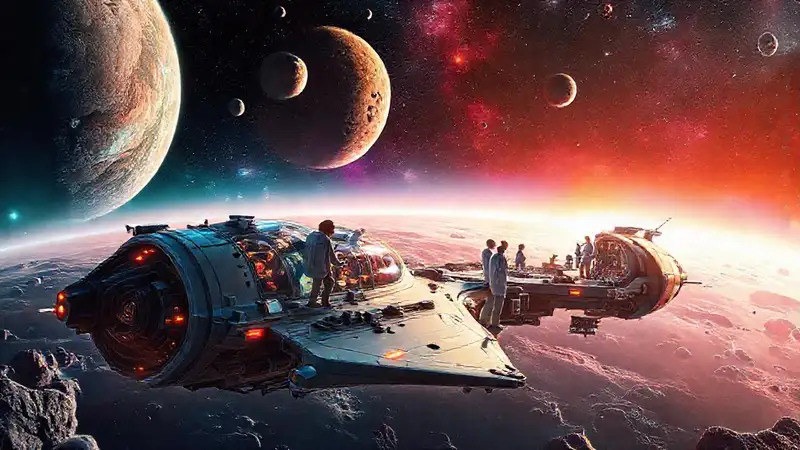 Naves futuristas exploran planetas con científicos innovadores