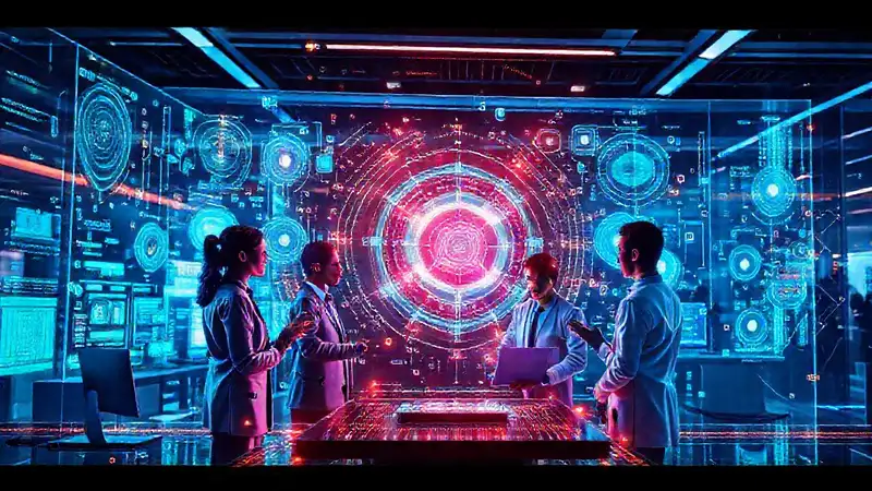Interfaz futurista, innovación y colaboración digital vibrante
