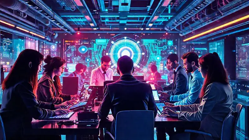 Espacio de trabajo futurista con profesionales colaborando